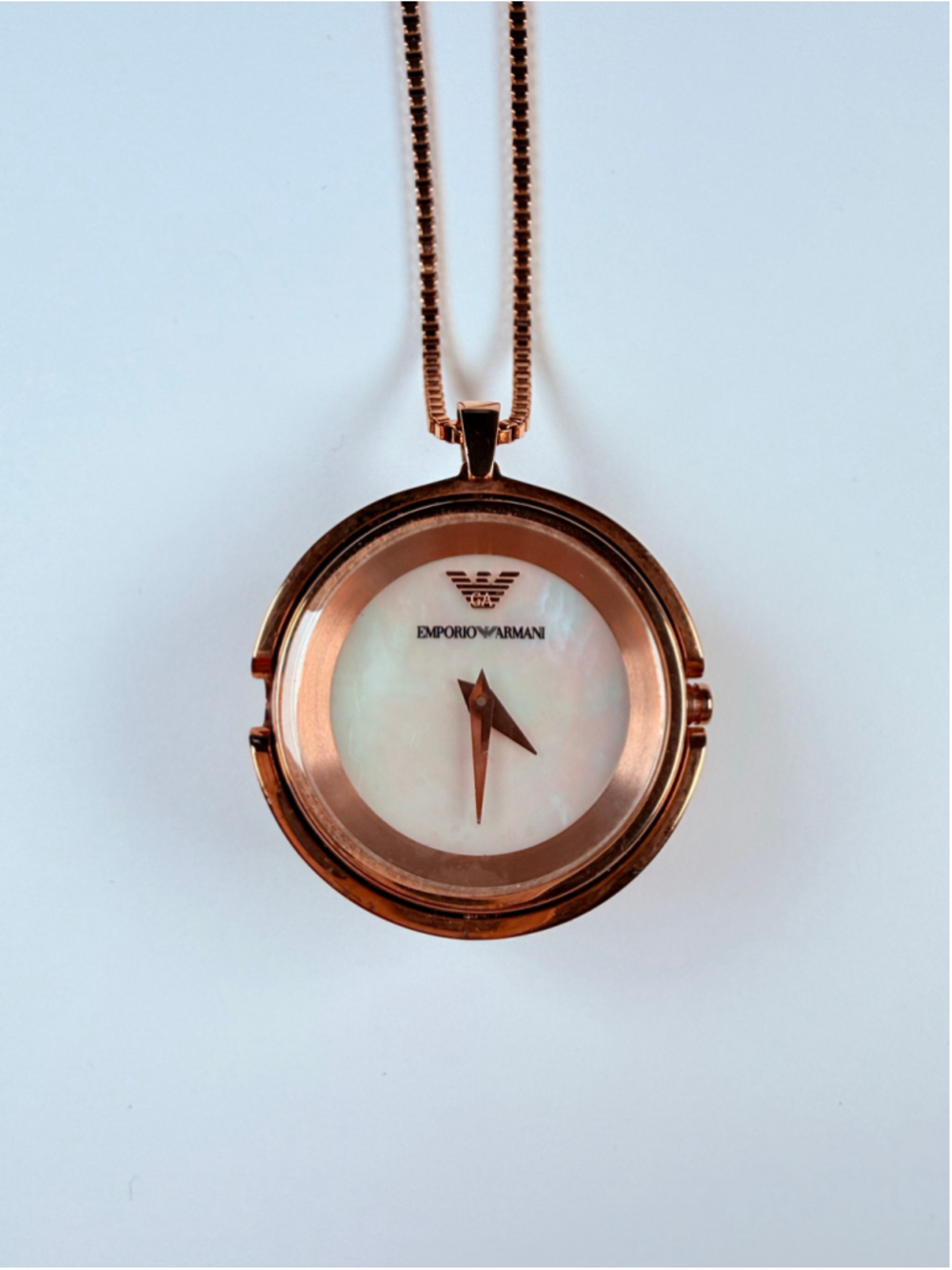Emporio Armani Ladies Peekaboo Reverso Watch MOP Rose Gold Orb Runway Necklace